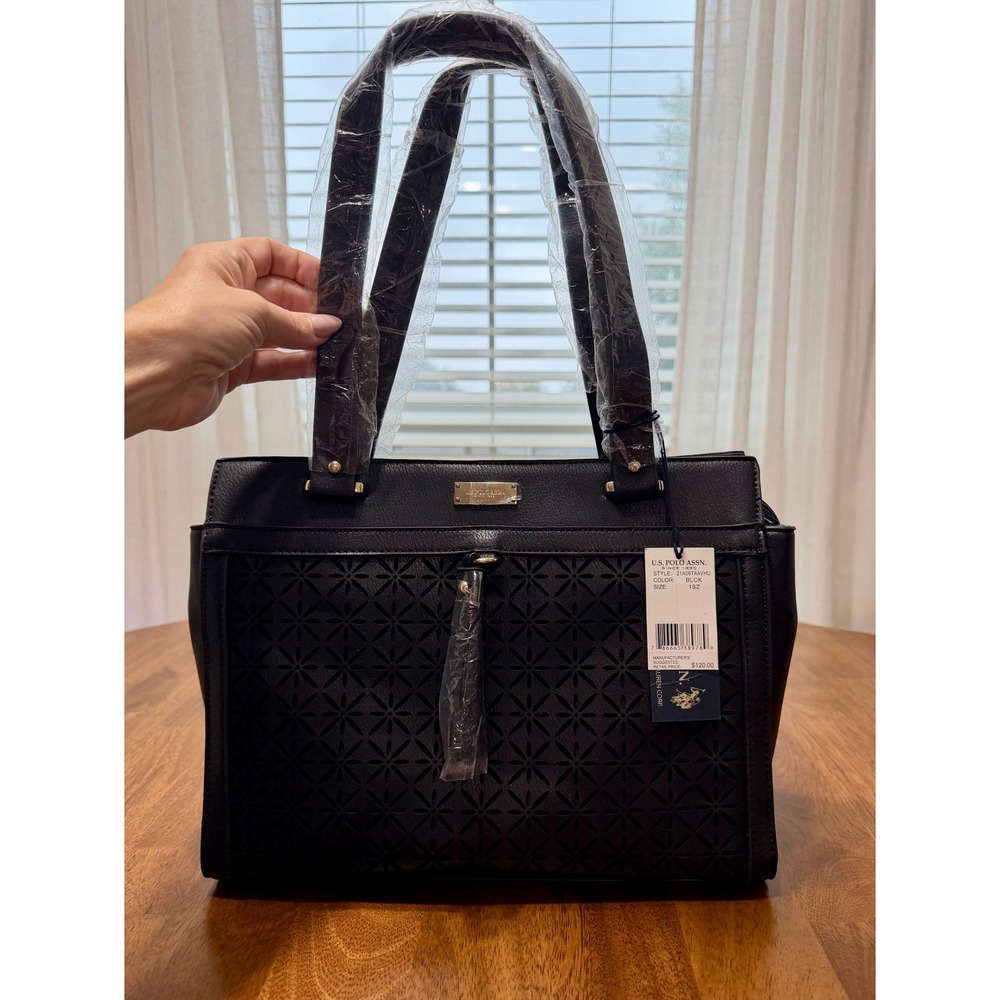 U.S. Polo Assn Black Laser Cut Floral Satchel Tote Handbag NWT